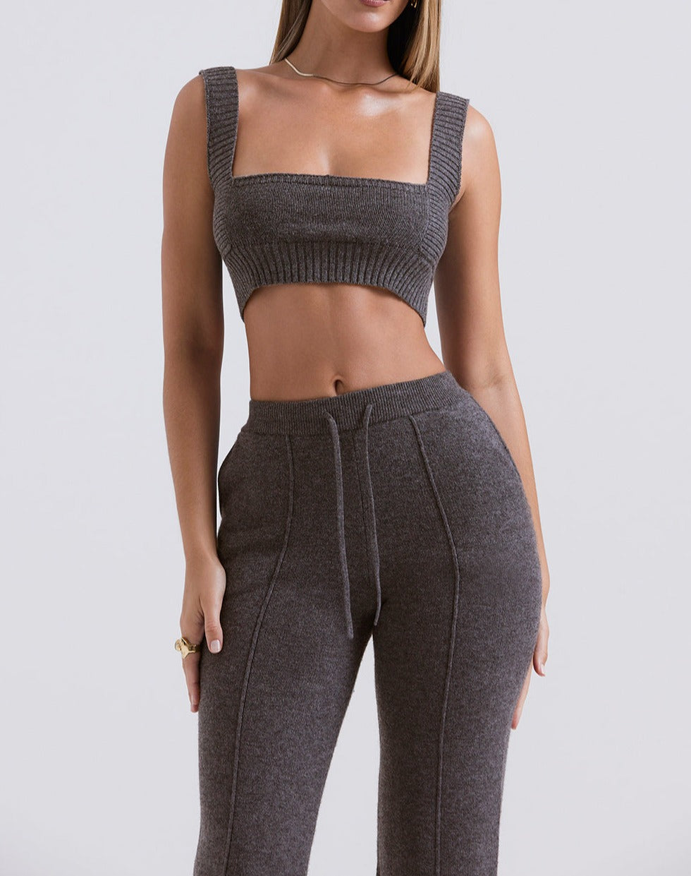Women's Knitted Bralette - Cropped Square Neck - Wide Straps Ribbed Hem