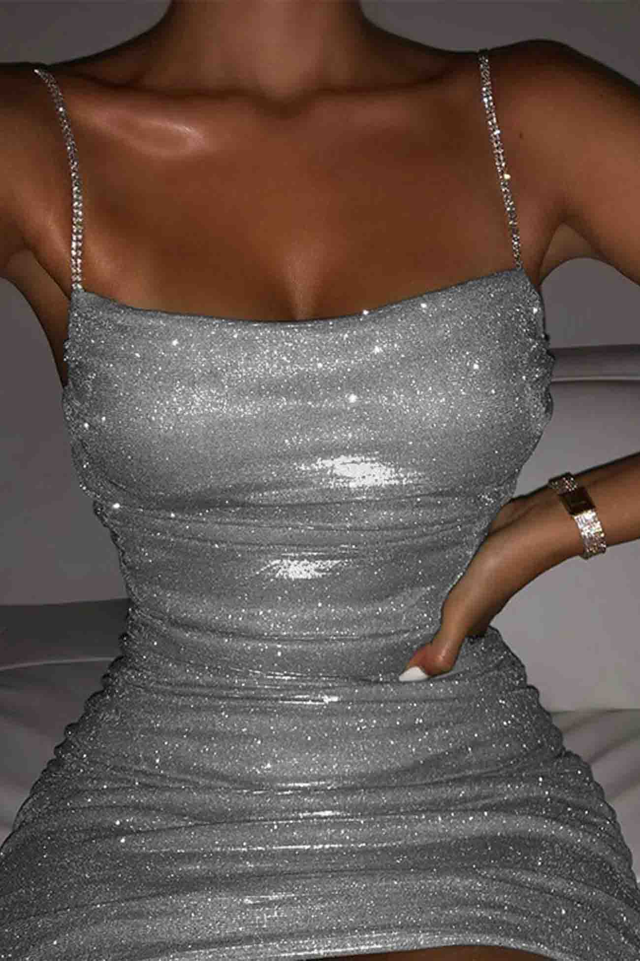 Women's Bodycon Mini Dress - Ruched Shimmer Fabric - Sleeveless Spaghetti Straps