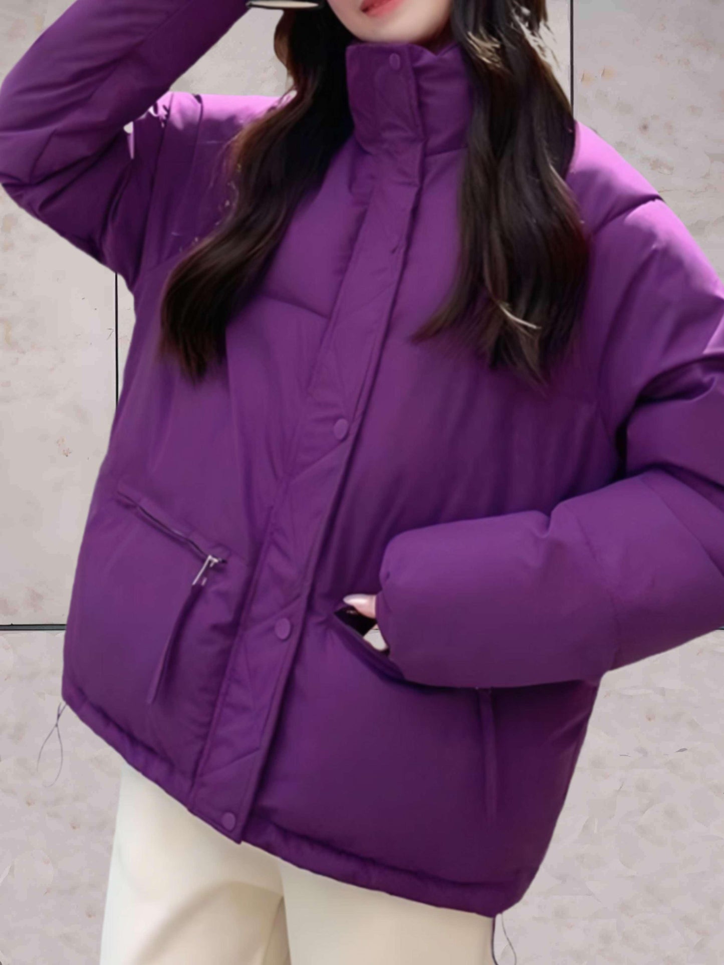 Women's parka jacket with stand-up collar and double closure