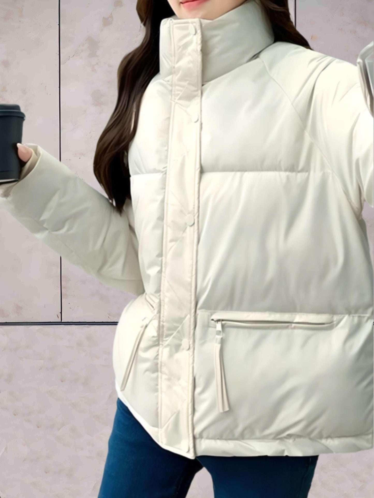 Women's parka jacket with stand-up collar and double closure