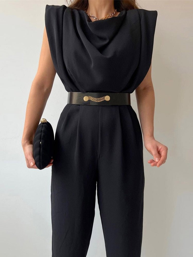 Women's Sleeveless Jumpsuit - Wrap V-Neck - Waist Tie - Slim Fit Elegant Design