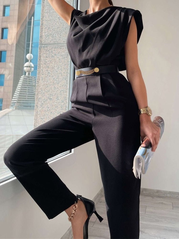 Women's Sleeveless Jumpsuit - Wrap V-Neck - Waist Tie - Slim Fit Elegant Design