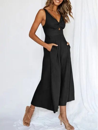 Women's Sleeveless Jumpsuit - V-Neck Knot Front - Wide-Leg Cropped Fit - With Pockets