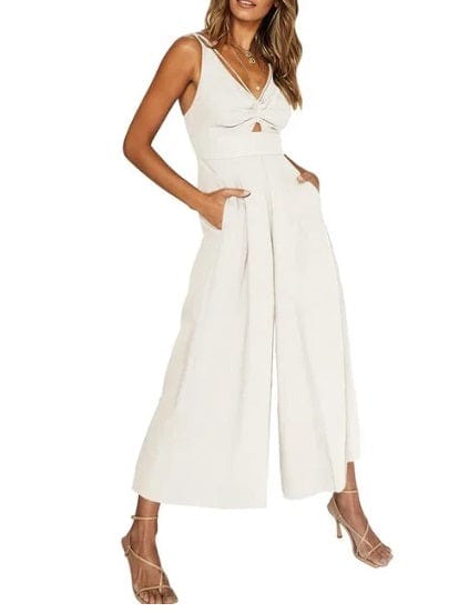 Women's Sleeveless Jumpsuit - V-Neck Knot Front - Wide-Leg Cropped Fit - With Pockets