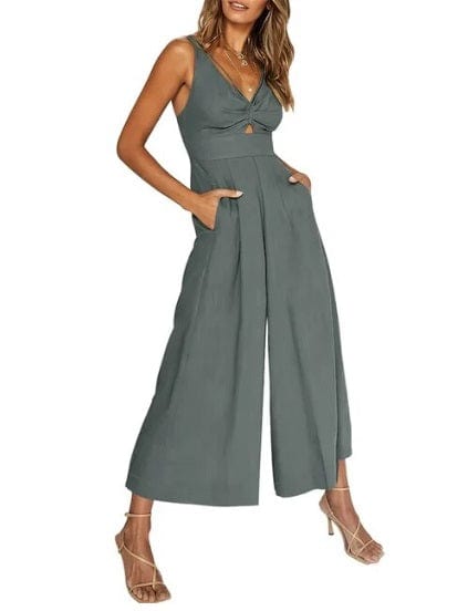 Women's Sleeveless Jumpsuit - V-Neck Knot Front - Wide-Leg Cropped Fit - With Pockets