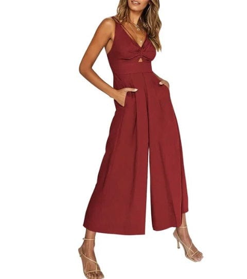 Women's Sleeveless Jumpsuit - V-Neck Knot Front - Wide-Leg Cropped Fit - With Pockets