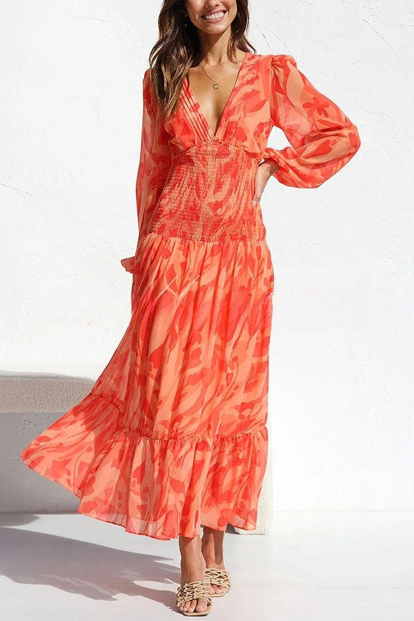 Women's Maxi Dress - V-Neckline - Long Sleeve Smocked Waist - Flowy Elegant Fit