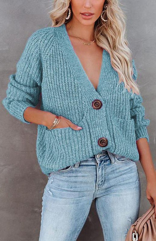 Button Detail Knit V-Neck Pullover