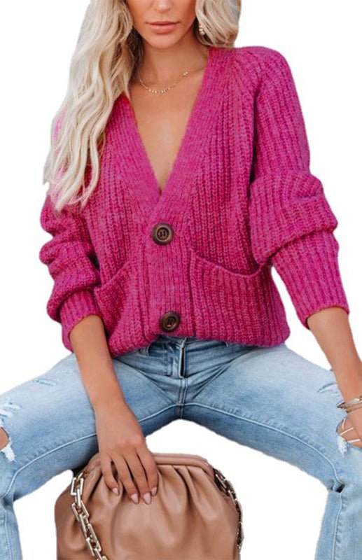 Button Detail Knit V-Neck Pullover