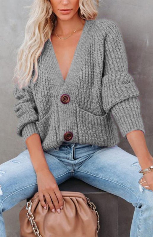 Button Detail Knit V-Neck Pullover