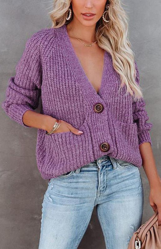 Button Detail Knit V-Neck Pullover