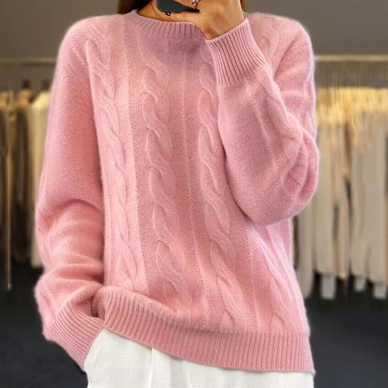 Women’s Pullover Sweatshirt – Relaxed Fit – Wool Blend – Cable Knit – Ribbed Trim