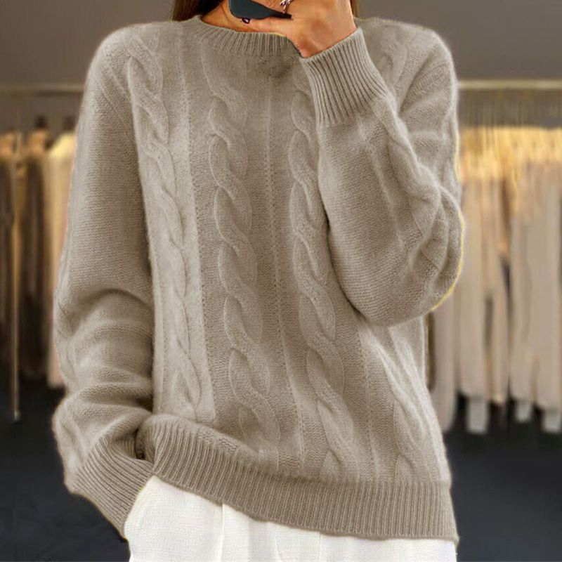 Women’s Pullover Sweatshirt – Relaxed Fit – Wool Blend – Cable Knit – Ribbed Trim