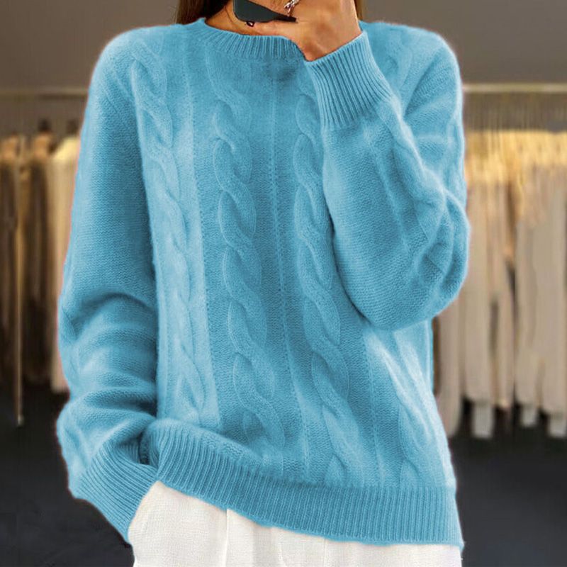 Women’s Pullover Sweatshirt – Relaxed Fit – Wool Blend – Cable Knit – Ribbed Trim