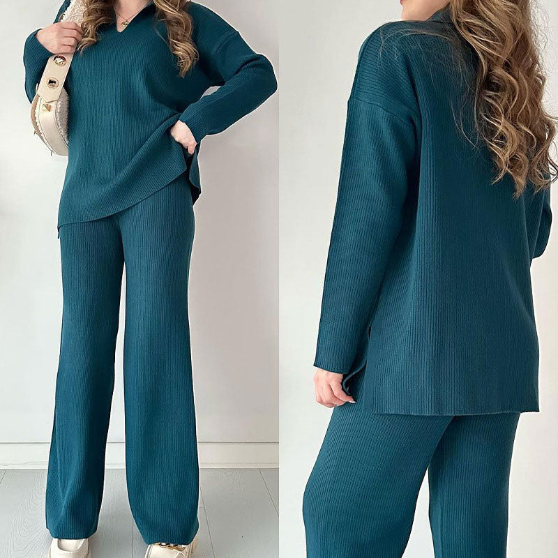 Women's Knitted Loungewear Set - Collared Top & Wide-Leg Pants - Relaxed Fit