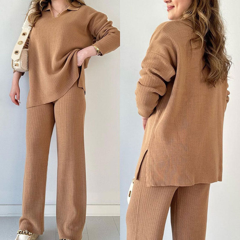 Women's Knitted Loungewear Set - Collared Top & Wide-Leg Pants - Relaxed Fit