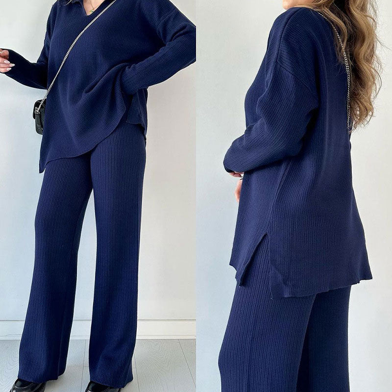Women's Knitted Loungewear Set - Collared Top & Wide-Leg Pants - Relaxed Fit