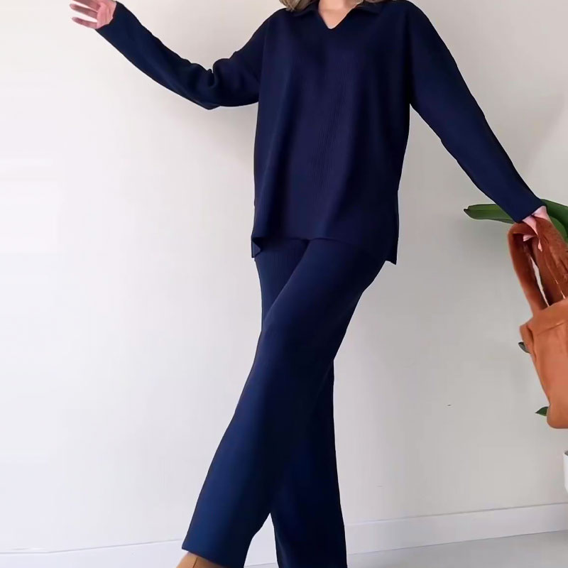 Women's Knitted Loungewear Set - Collared Top & Wide-Leg Pants - Relaxed Fit