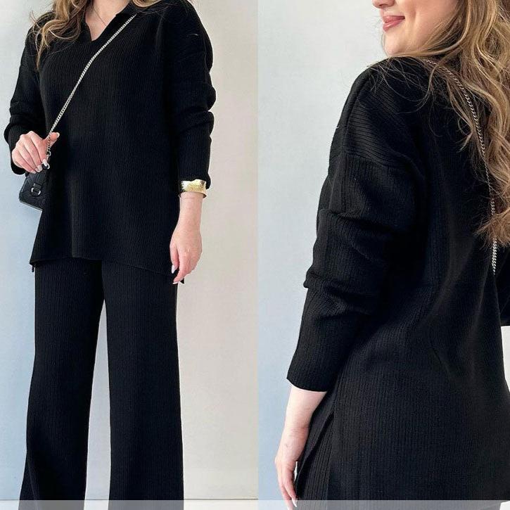Women's Knitted Loungewear Set - Collared Top & Wide-Leg Pants - Relaxed Fit