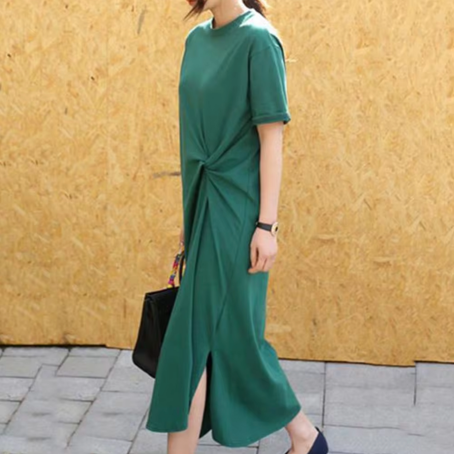 Women's Maxi Dress - Short Sleeve - Round Neck - Side Knot Detail - Flowing Fit
