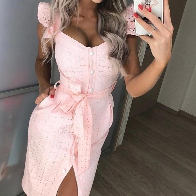 Women's Eyelet Midi Dress - Sweetheart Neckline - Ruffle Cap Sleeves - Button Front