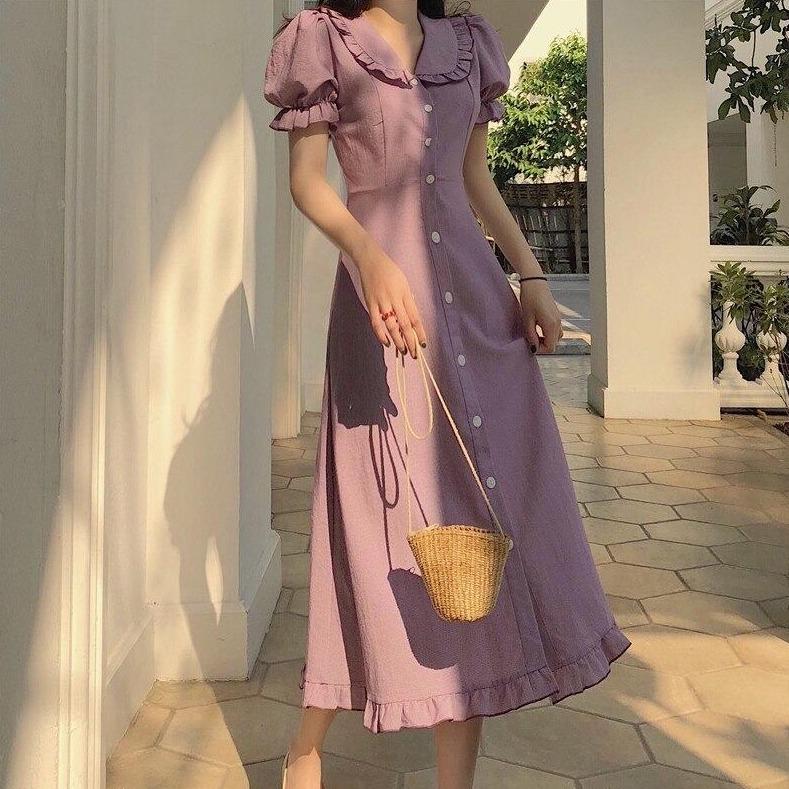 Women's Midi Dress - A-Line Silhouette - Puff Sleeves - Square Neck - Ruffled Hem