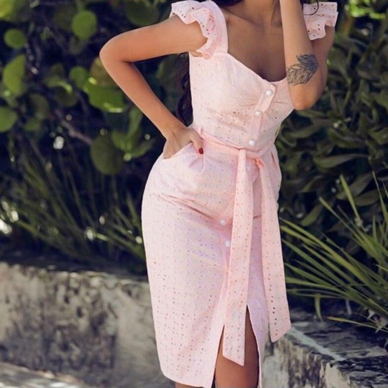 Women's Eyelet Midi Dress - Sweetheart Neckline - Ruffle Cap Sleeves - Button Front