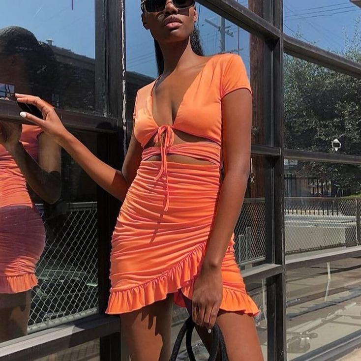 Women's Mini Dress - Ruched Bodycon Fit - Cutout Midriff - Short Sleeve V-Neck