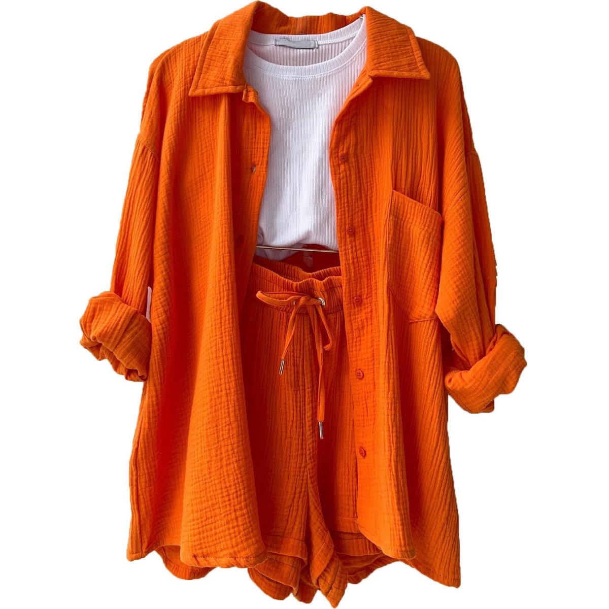 Women's casual relaxed button-up shirt and shorts set