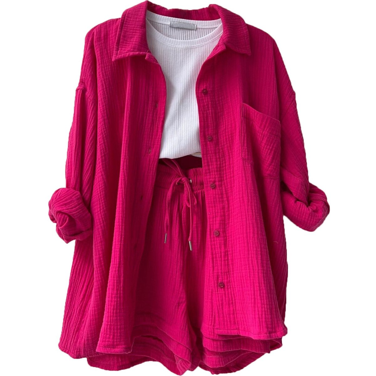 Women's casual relaxed button-up shirt and shorts set