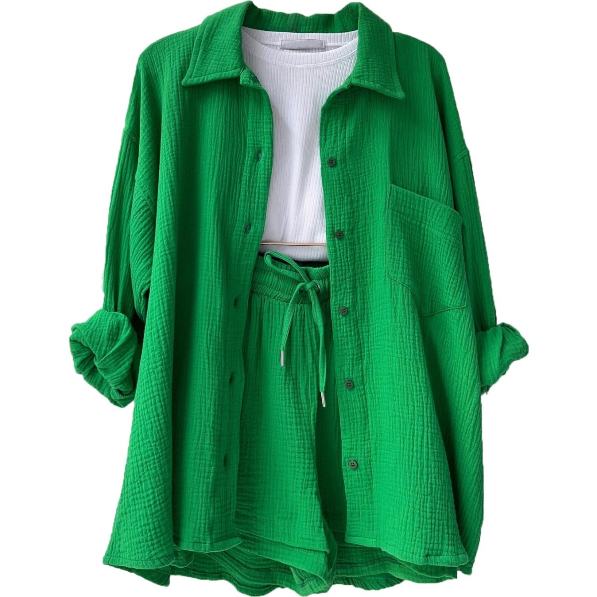 Women's casual relaxed button-up shirt and shorts set