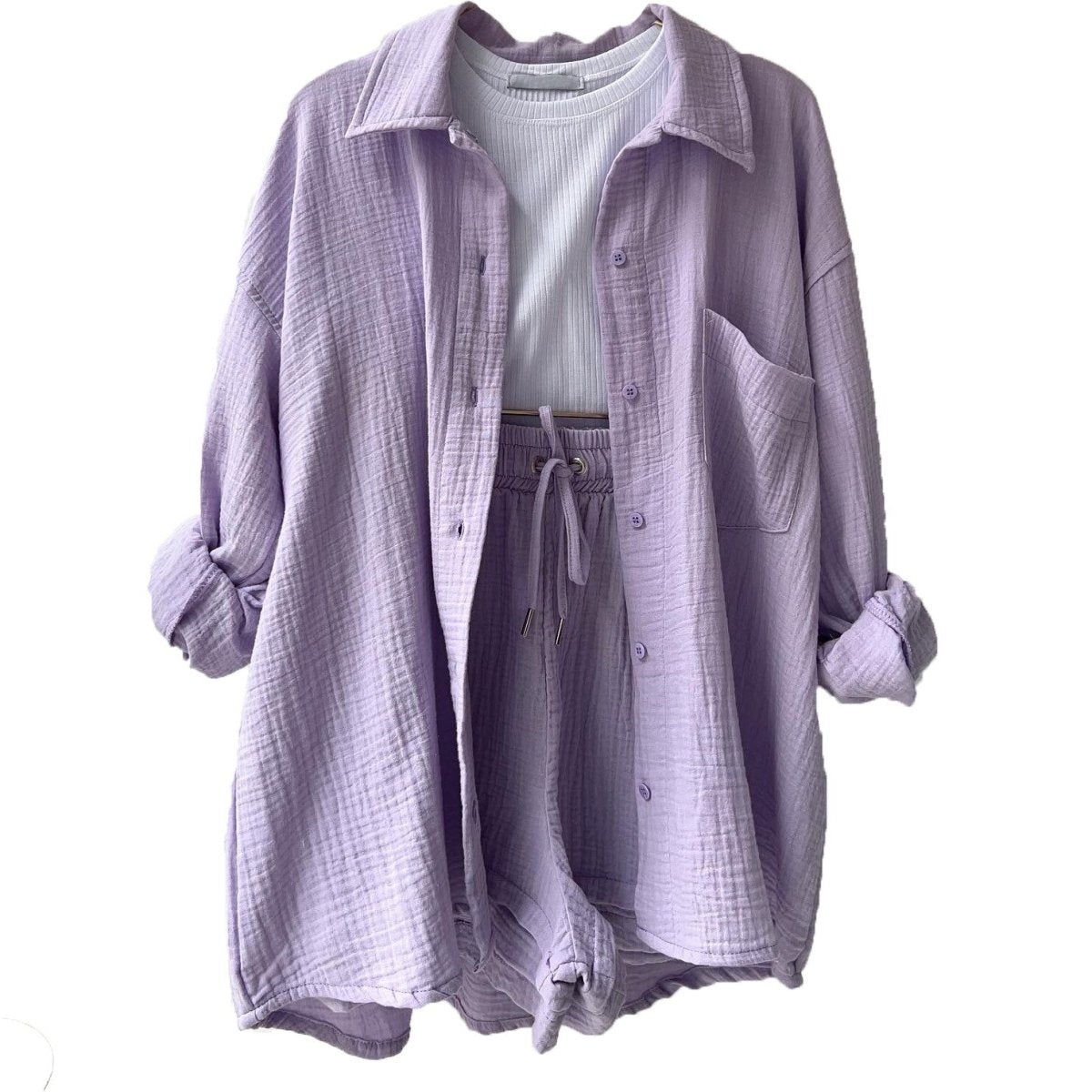 Women's casual relaxed button-up shirt and shorts set