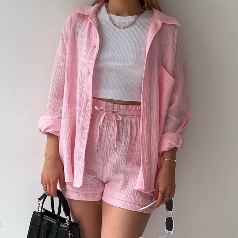 Women's casual relaxed button-up shirt and shorts set
