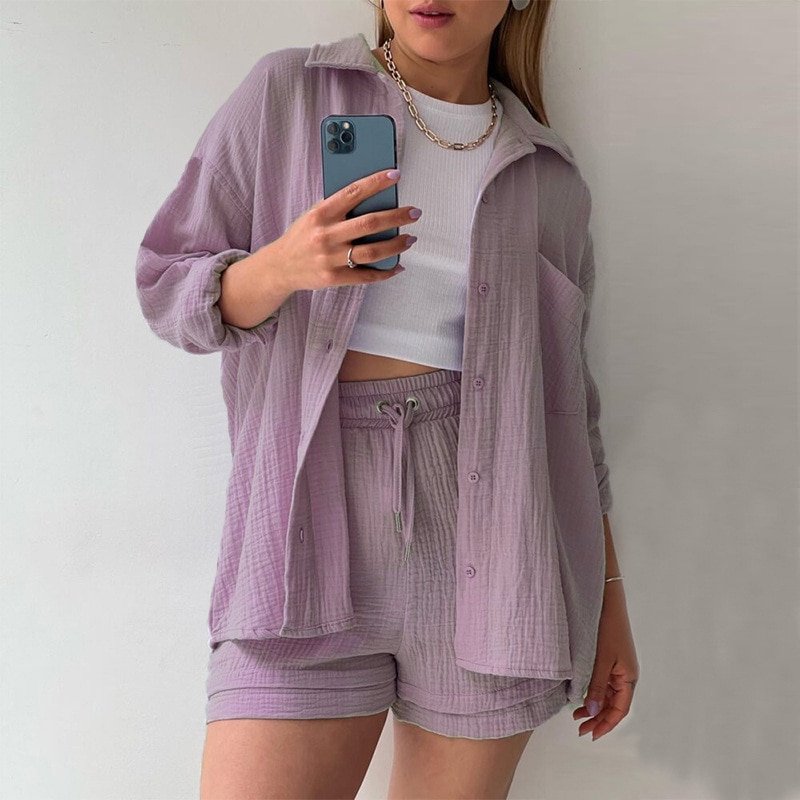 Women's casual relaxed button-up shirt and shorts set