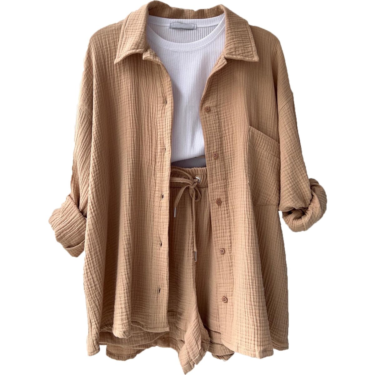 Women's casual relaxed button-up shirt and shorts set