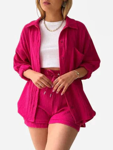 Women's casual relaxed button-up shirt and shorts set