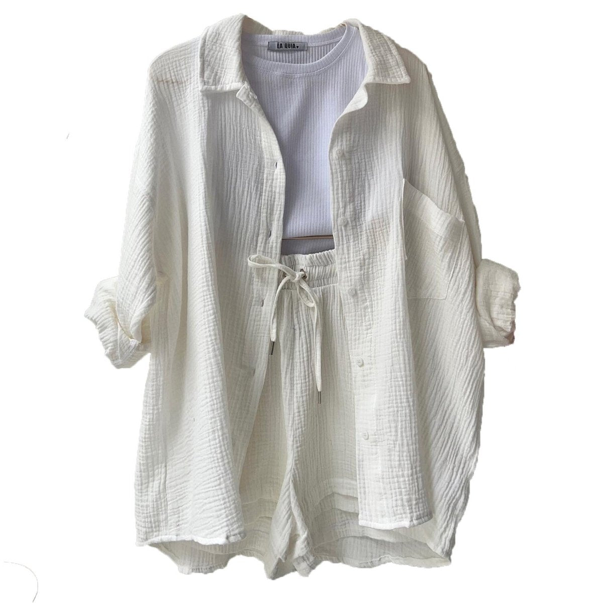 Women's casual relaxed button-up shirt and shorts set