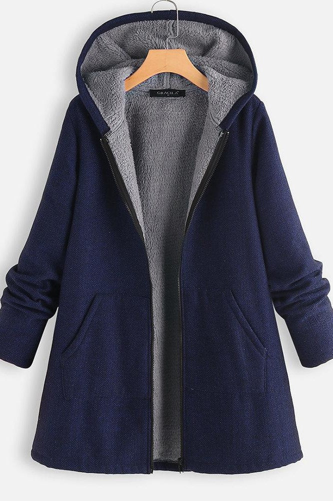 Women’s Hooded Coat – Wool Blend – Fleece Lined – Oversized Fit – Zipper Front
