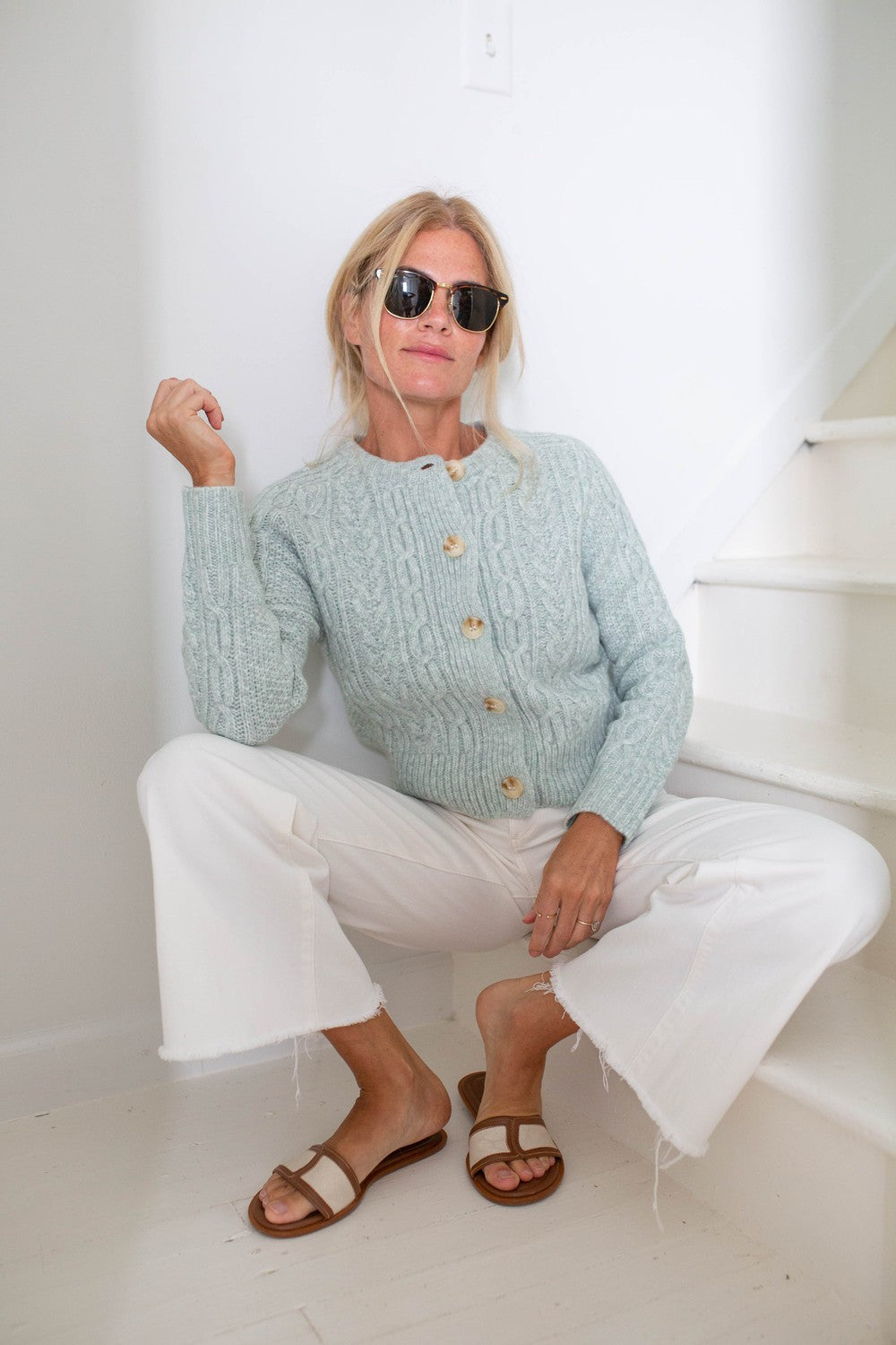 Knitted Crew Neck Button Closure Sweater