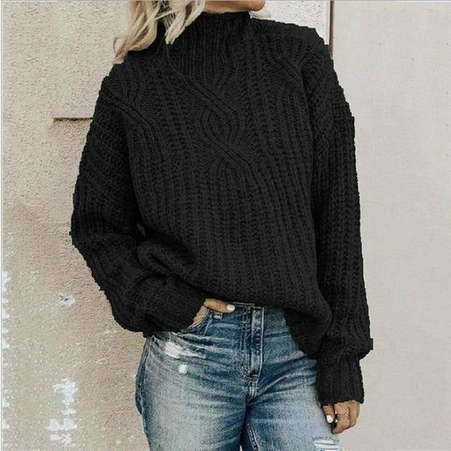Women’s Knit Sweater - Chunky Cable Knit - Relaxed Fit - Mock Neck - Long Sleeve