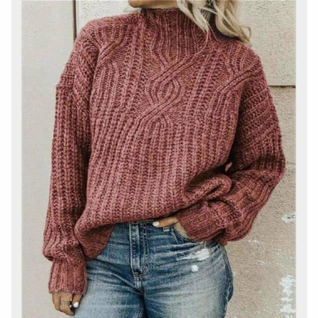 Women’s Knit Sweater - Chunky Cable Knit - Relaxed Fit - Mock Neck - Long Sleeve