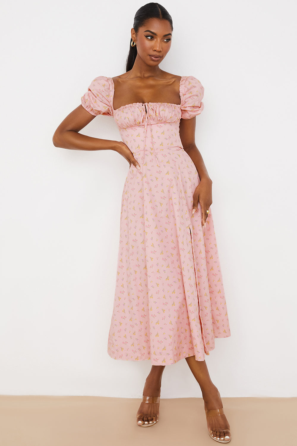 Women’s Midi Sundress – Cotton Blend – Ruched Bodice – Puff Sleeve – A-Line Fit