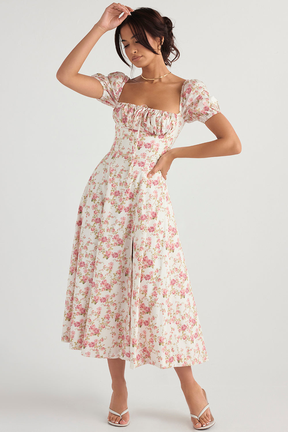 Women’s Midi Sundress – Cotton Blend – Ruched Bodice – Puff Sleeve – A-Line Fit