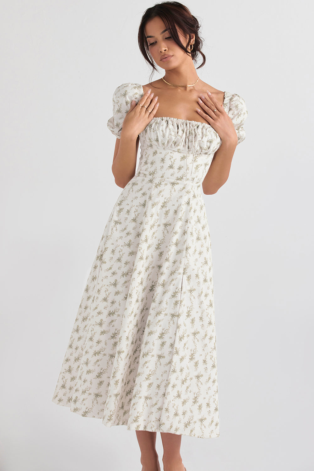 Women’s Midi Sundress – Cotton Blend – Ruched Bodice – Puff Sleeve – A-Line Fit