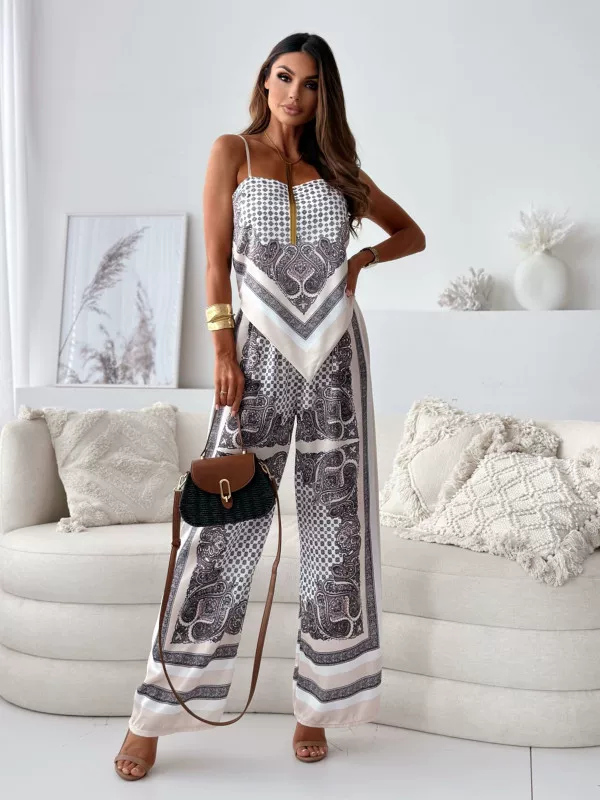 Women’s Jumpsuit - Spaghetti Straps - High Waist - Wide Leg - Geometric Pattern