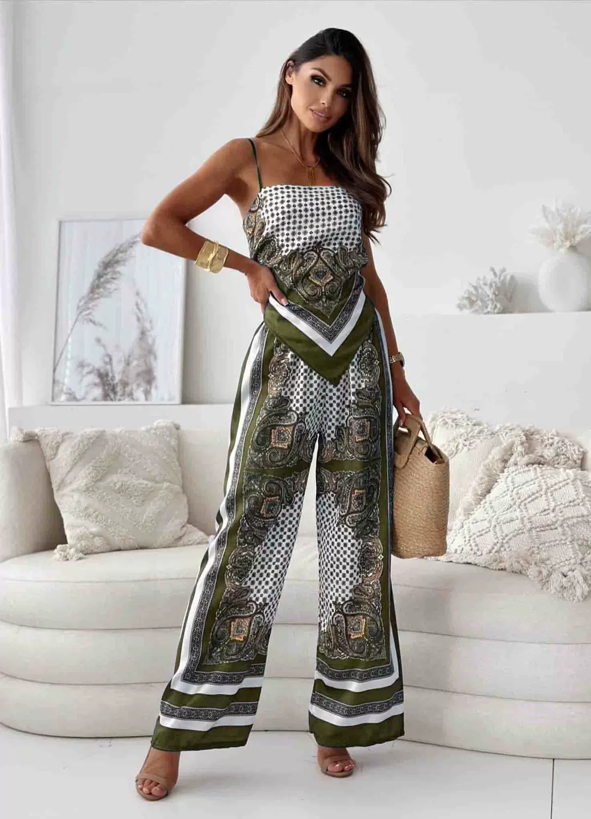 Women’s Jumpsuit - Spaghetti Straps - High Waist - Wide Leg - Geometric Pattern