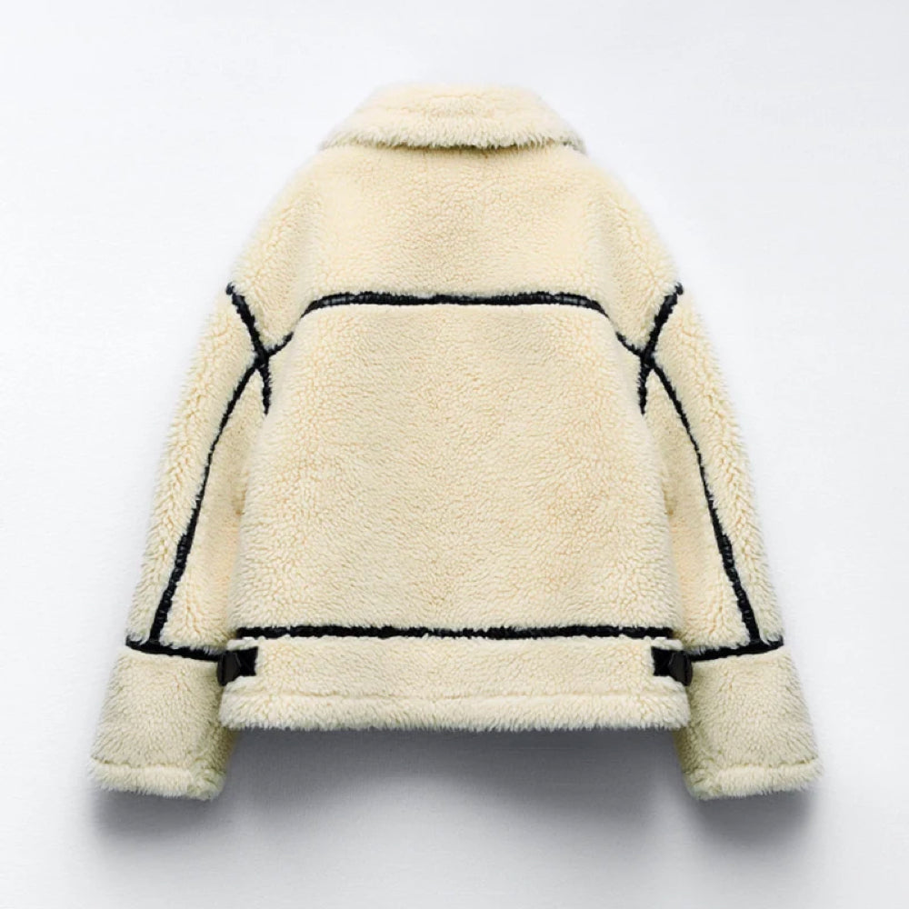 Women's Shearling Jacket - Plush Textured - Fold-Over Collar - Zip Closure