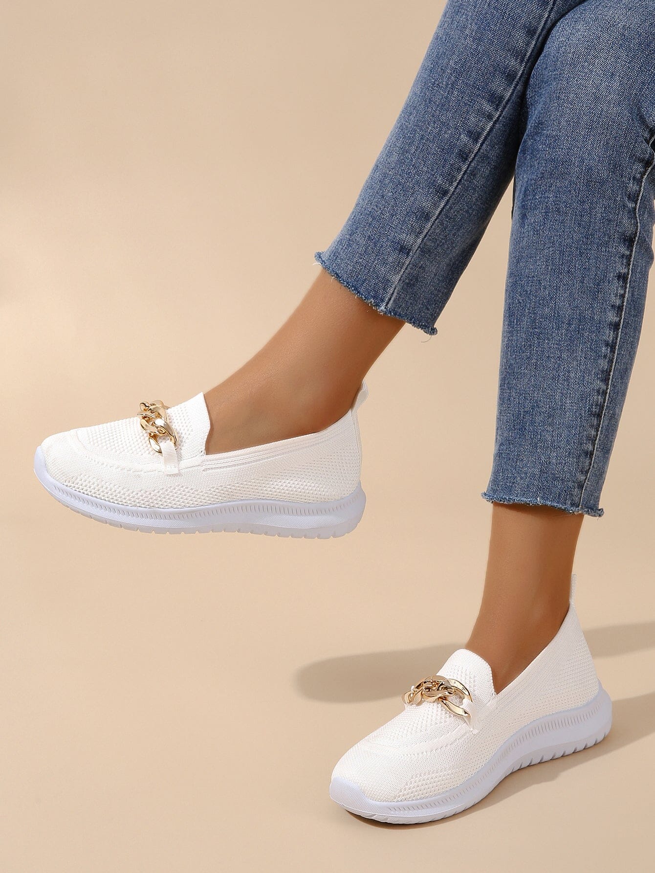Women's Slip-On Loafers - Breathable Knit Upper - Chain Detail - Rubber Sole