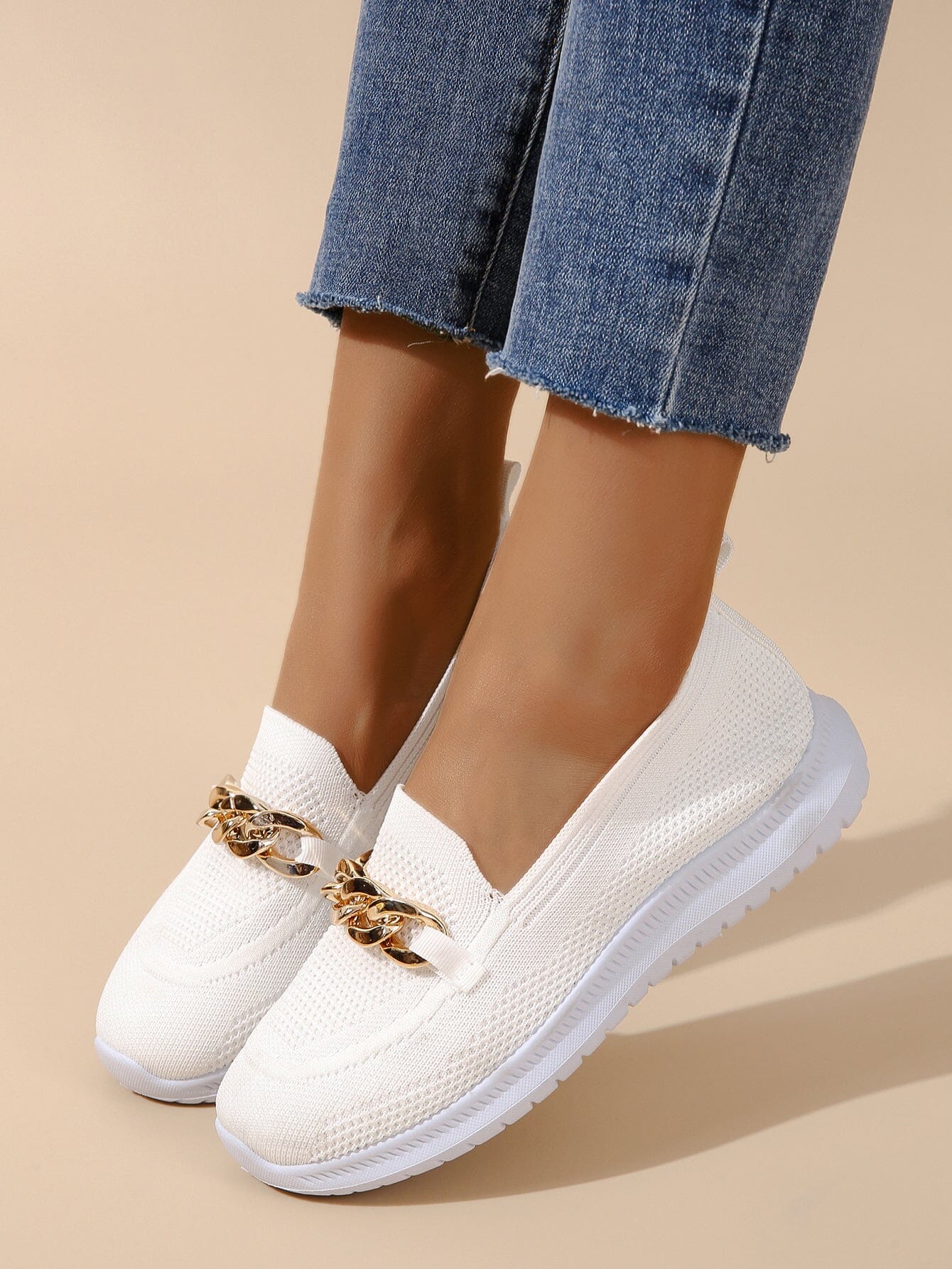 Women's Slip-On Loafers - Breathable Knit Upper - Chain Detail - Rubber Sole
