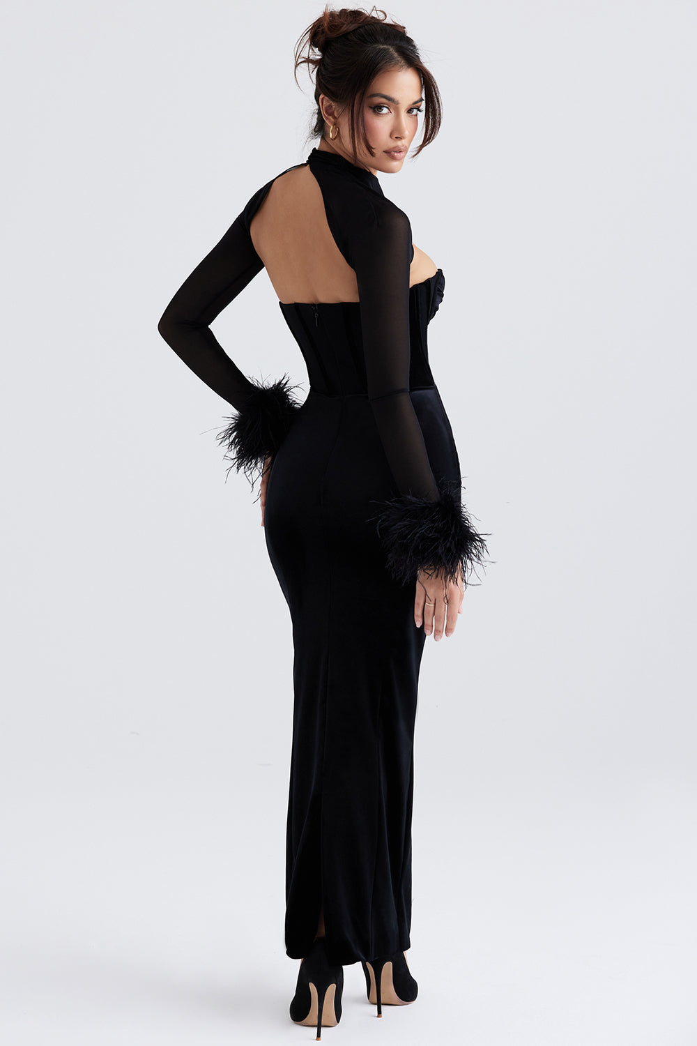 Women’s Maxi Dress – Velvet Fabric – Corset Bodice – Sheer Sleeves – Feather Cuffs